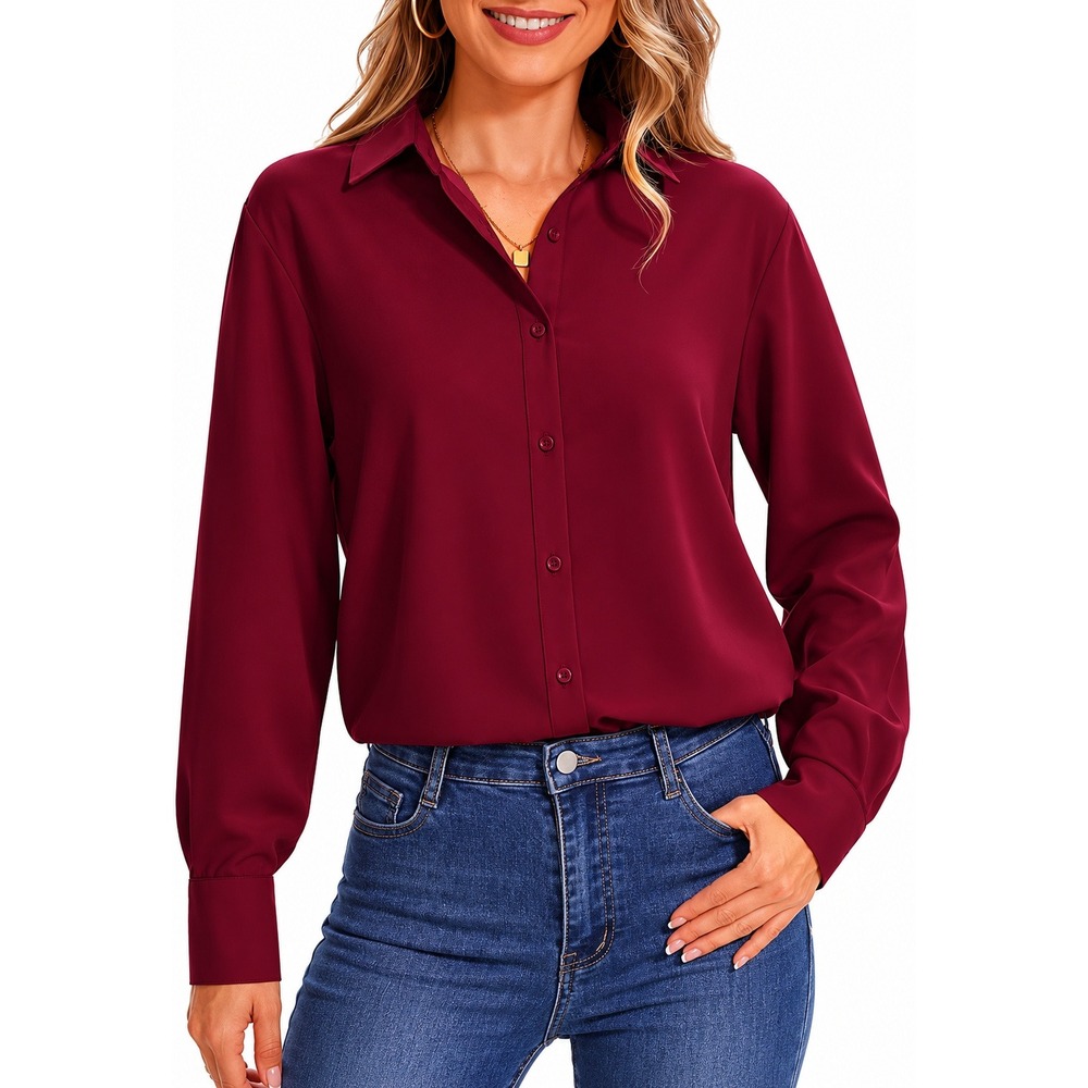 YAMANMAN Button Down Shirt Women Size M Burgundy Long Sleeve Office Workwear Top
